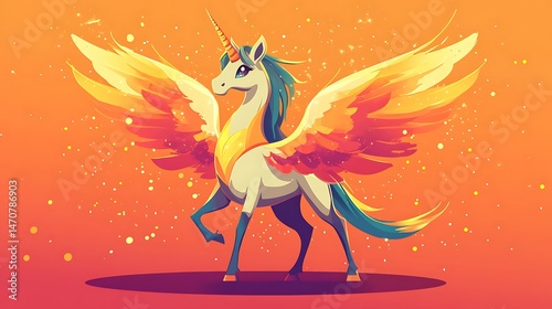 Magical winged unicorn illustration against orange background