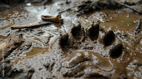 Hyena paw print in muddy ground, detailed texture with morning dew, scattered bones narrating recent activity.