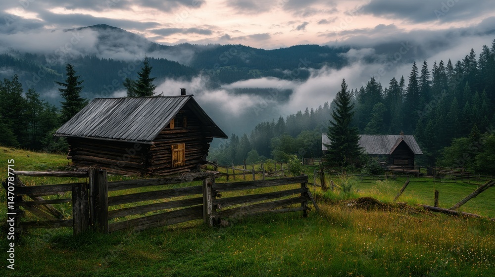 A rustic cabin sits in a serene mountain landscape scene A rustic cabin sits in a serene mountain landscape scene