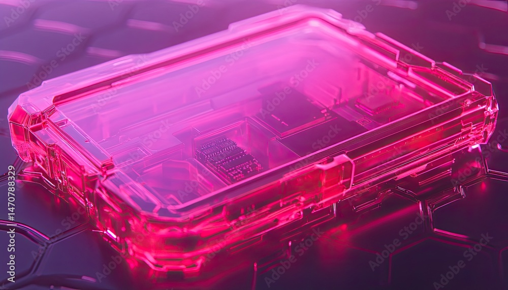 Futuristic glowing pink electronic device on a hexagonal surface with digital circuit board details and vibrant illumination. Futuristic glowing pink electronic device on a hexagonal surface with digital circuit board details and vibrant illumination.