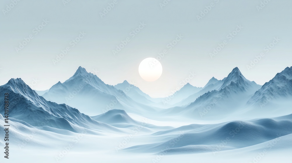 Panoramic Minimalist Winter Mountain Landscape with White Background Panoramic Minimalist Winter Mountain Landscape with White Background