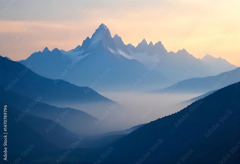 Fototapeta premium Generative AI Serene mountain range shrouded in mist at dawn