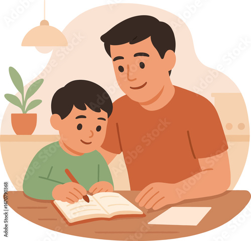 Latino Father Helping Son with Homework — Naive Flat Vector Illustration for Education Websites, Parenting Resources, and Father’s Day Graphics in Soft Neutral Tones