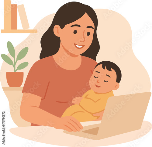 Latina Mom Working on Laptop While Holding Sleeping Baby — Calm Naive Flat Vector for Work-from-Home, Parenthood, and Digital Lifestyle Content in Gentle Earthy Colors