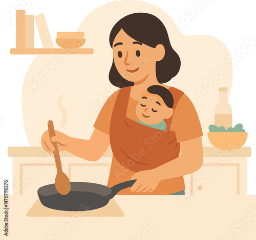Latina Mother Cooking with Baby in Carrier — Warm Earthy Toned Naive Flat Vector for Parenting Blogs, Home Life Articles, and Maternal Wellness Designs