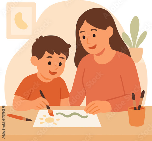 Latina Mom Painting with Son at Home — Naive Flat Vector Illustration for Early Childhood Education Materials, Art Activities Blogs, and Homeschooling Content in Soft Pastel Tones