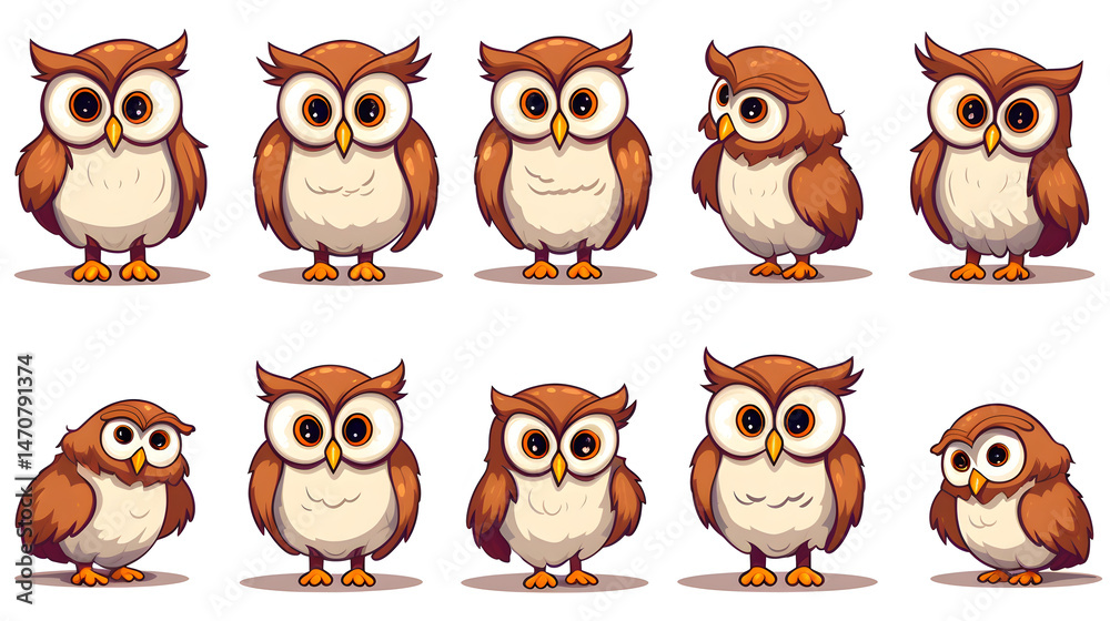 Fototapeta premium Collection of Nine Cute and Funny Oval Owls Isolated on White Background