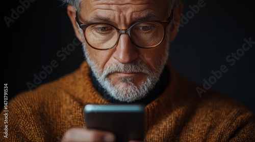Close-up of senior man intensely using mobile phone.