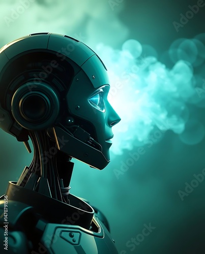 AI Robot with Vapor, and Futuristic Portrait.
