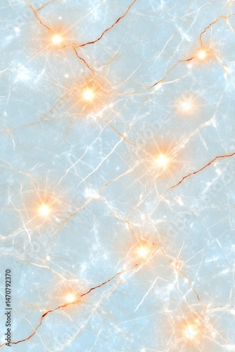 Vertical cracked marble background with glowing golden molten veins, soft pastel blue tones, LED lights, and high-contrast luxury texture