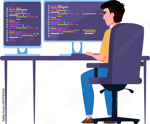 A male programmer coding on two monitors at a desk.