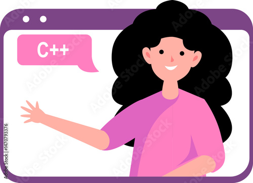 Cartoon woman explaining C++ programming language on a computer screen.