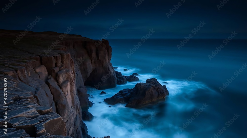 Naklejka premium Dark Coast Cliffs with Ocean Waves.