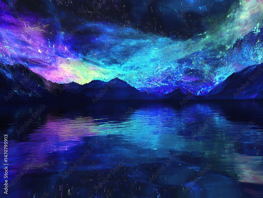 Naklejka premium Cosmic mountain lake reflection