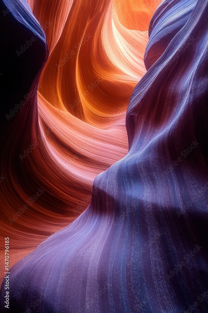 Obraz premium Curved and layered sandstone canyon walls illuminated by soft natural light, showcasing warm orange and cool purple hues and smooth textures
