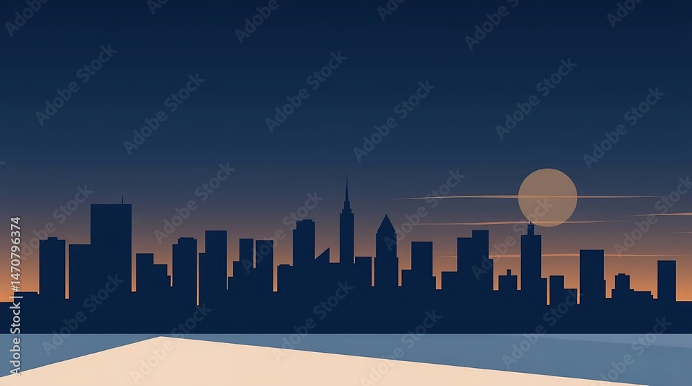 Fototapeta premium Cityscape Silhouette Sunset Moon.