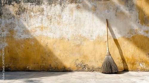 A weathered broom leaned against a sunlit textured wall