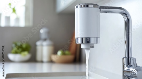 Wallpaper Mural Faucet-mounted water filter attached to chrome tap over white ceramic sink in a contemporary kitchen Torontodigital.ca