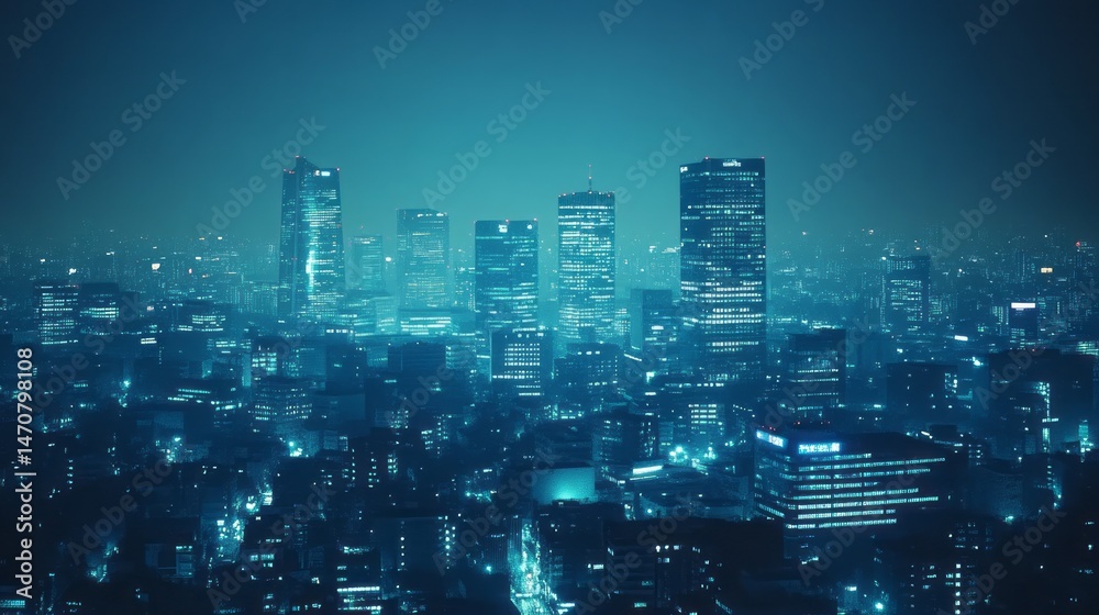 Obraz premium A view of a city at night, bathed in a cool blue light.