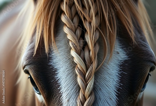 close up of a horse's head with a braid in it's photo