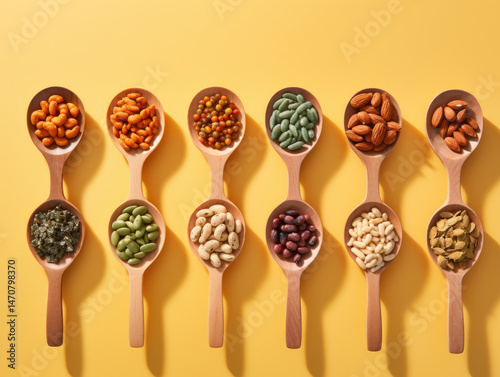 Assorted seeds and nuts in wooden spoons on yellow background photo