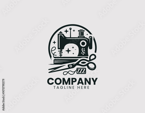Modern Sewing Machine with Thread Spools and Scissors Vector Logo Design, Contemporary Sewing Machine Thread Scissors Vector Logo