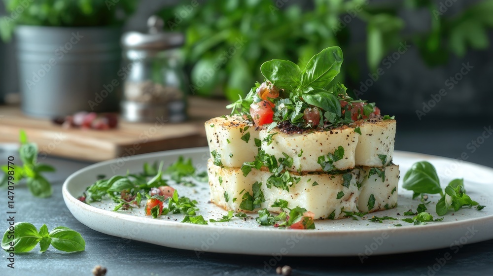 custom made wallpaper toronto digitalStacked fish fillets with fresh herbs and topping.