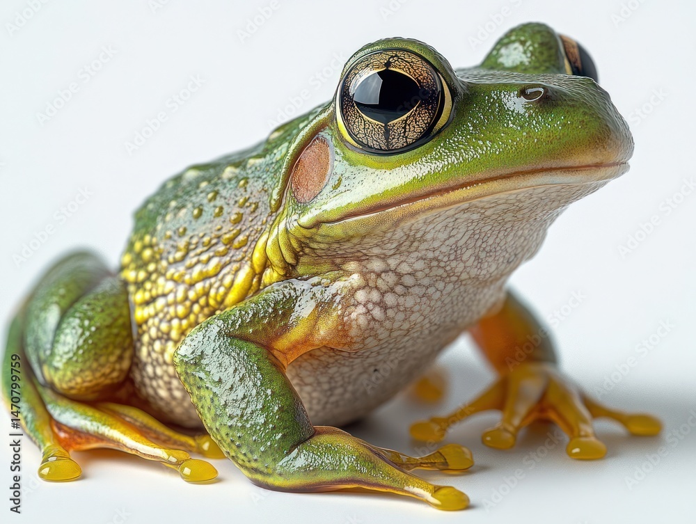 Obraz premium close-up of a vibrant green and yellow frog with large eyes and textured skin against a white background