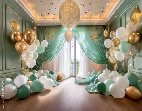 Elegant Party Room Decor Green and Gold Balloons Festive Celebration Beautiful interior design with pastel balloons