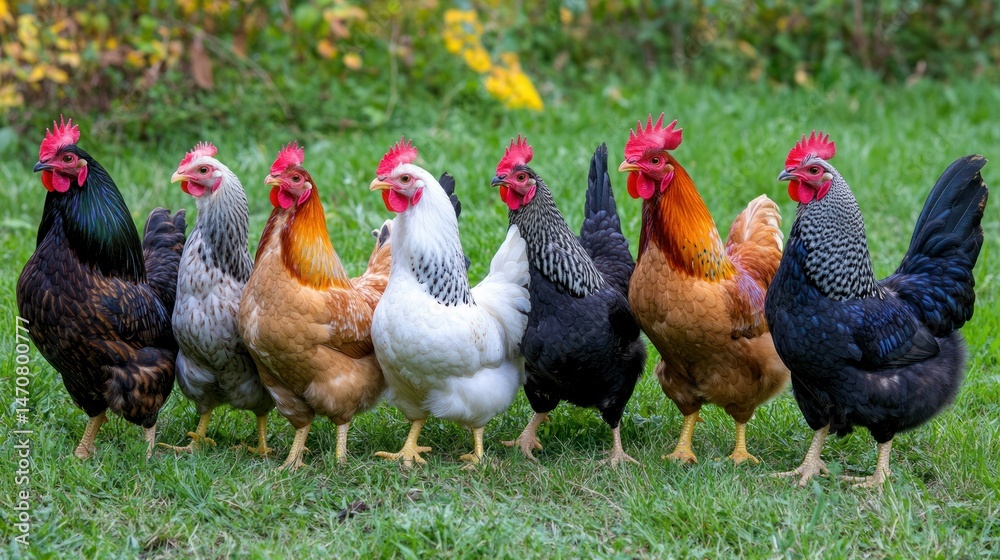 Fototapeta premium A lineup of several colorful chickens stands in a green field