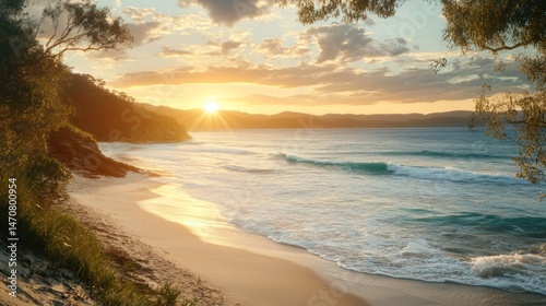 A beautiful beach scene at sunset with clear skies and water