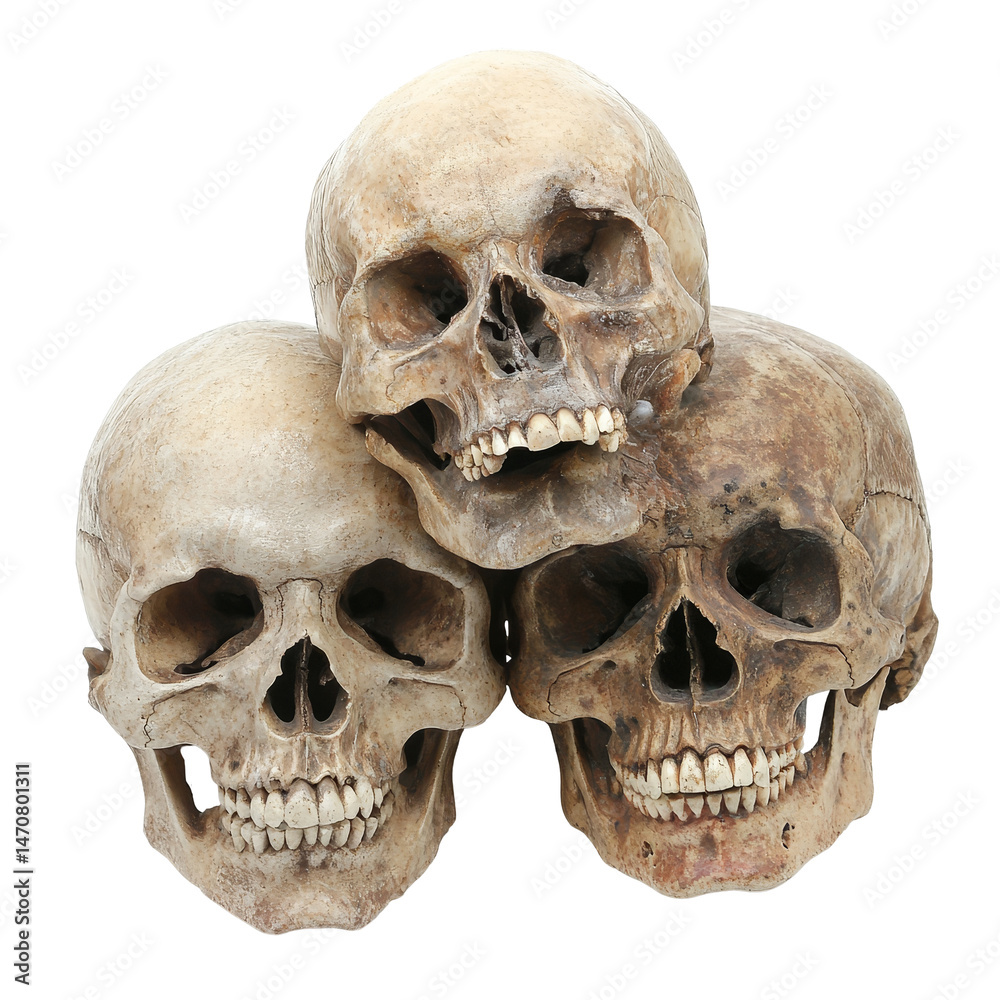 Fototapeta premium Three human skulls displayed on a transparent background, showcasing intricate details and natural age variations, Human Skulls on transparent background