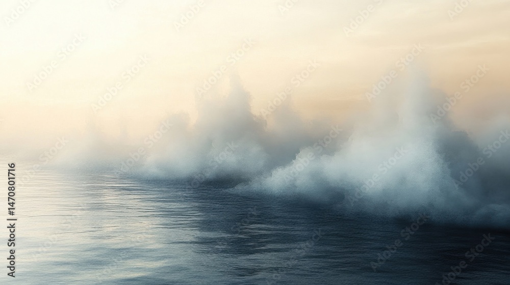Fototapeta premium Dramatic Seascape with Crashing Waves Under Soft Golden Light Hues