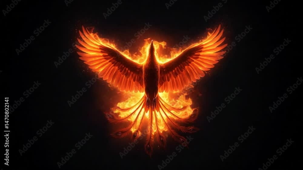 Fiery phoenix rising abstract glowing bird symbol on black background