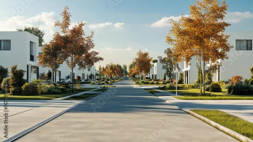 Serene suburban landscape, Modern minimalist homes on tree-lined avenue