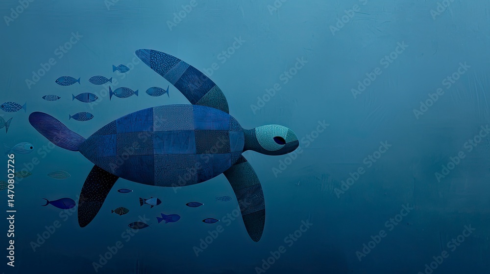 Obraz premium Underwater turtle with school of fish