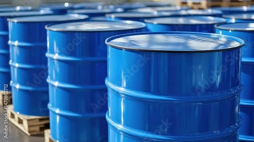 Rows of bright blue metal drums, likely holding chemicals or other liquids, sit on wooden pallets.  Sunlight highlights the sheen of the drums