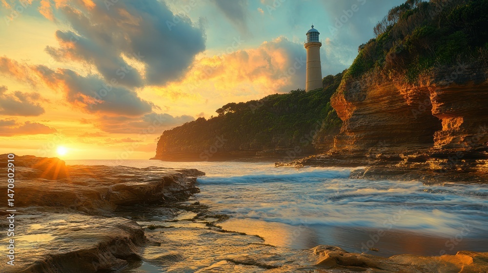 A coastal scene depicts a lighthouse standing over ocean waves A coastal scene depicts a lighthouse standing over ocean waves
