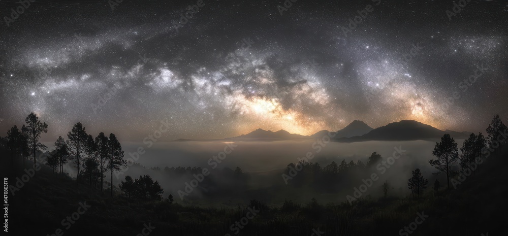 Fototapeta premium Panoramic night sky with a bright milky way over misty forest and mountain range under starry sky