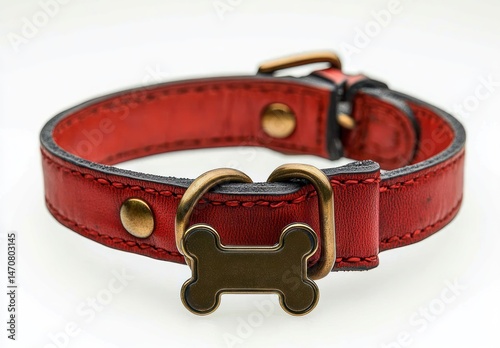 Red leather dog collar with brass bone-shaped tag and buckle on a white background