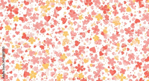 Whimsical pattern of hearts and flowers in pastel colors.