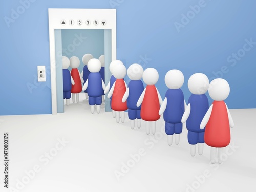 3Dレンダリングのエレベーターと列に並ぶ人たち