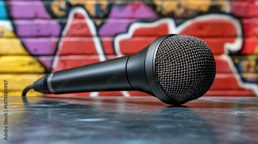 Obraz premium Black microphone on a surface, graffiti background