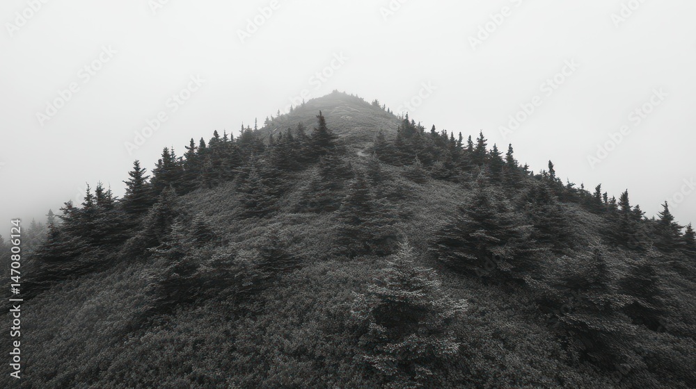 Naklejka premium A mist covered mountain slope is densely populated with trees