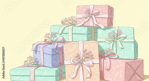 Pastel-colored gift boxes stacked in a pleasing arrangement.