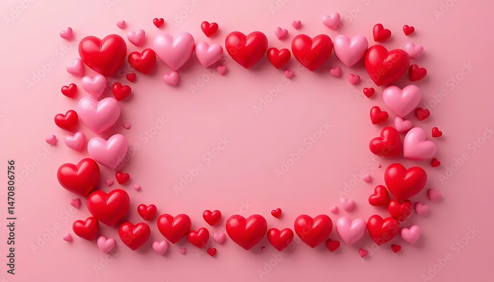 Obraz premium Romantic background featuring 3D pink and red hearts scattered around a soft pink backdrop with empty space in the center, perfect for Valentine's Day, love-themed messages, or greeting cards.