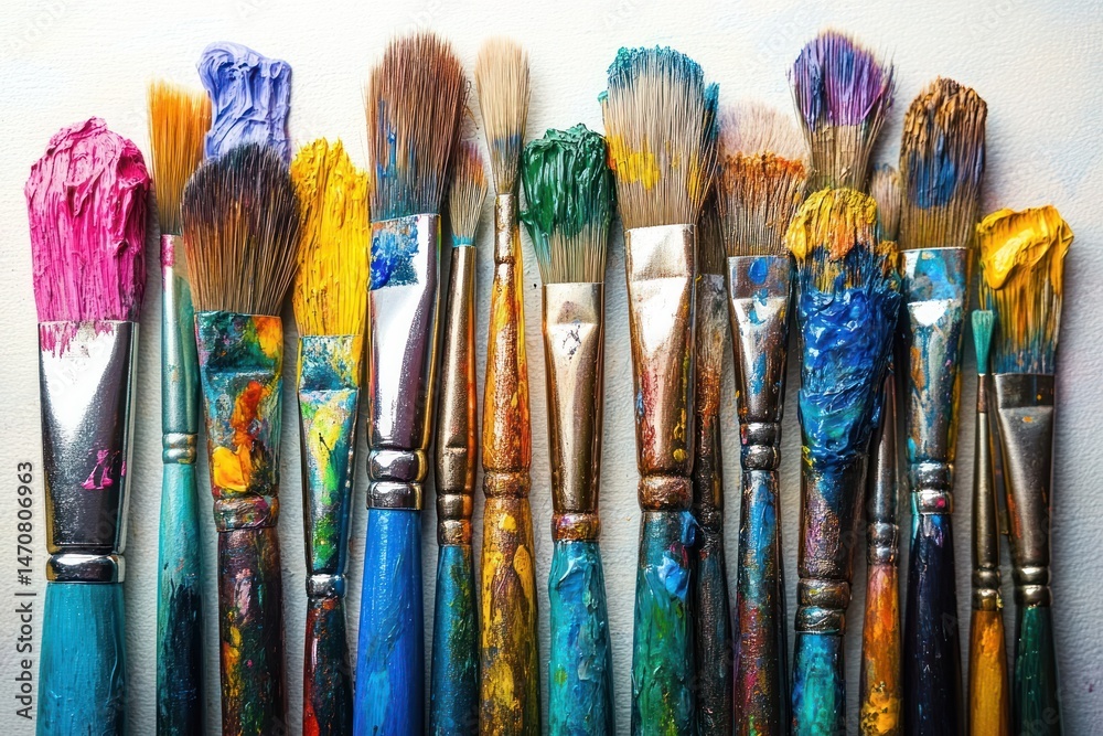 Fototapeta premium A row of various paintbrushes covered in bright, thick colorful paint arranged closely together on a white background