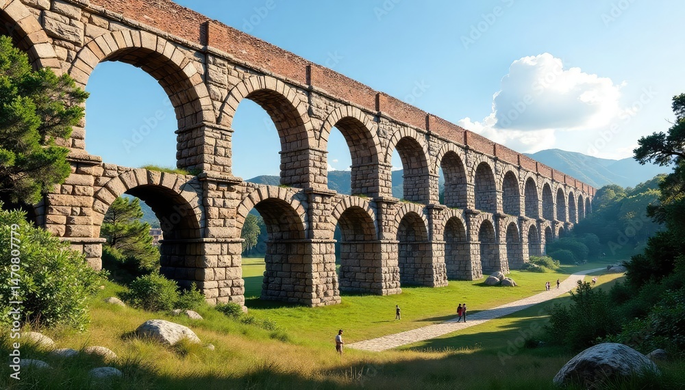Fototapeta premium Ancient Roman aqueduct, weathered stone, historical architecture, impressive structure, ancient construction, engineering marvel , culture, pipeline