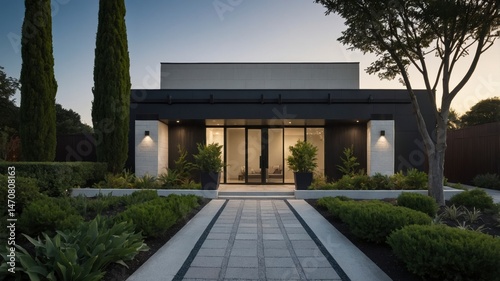 Classic suburban house with white brick exterior and clean elegant design featuring beautiful landscaping and inviting atmosphere