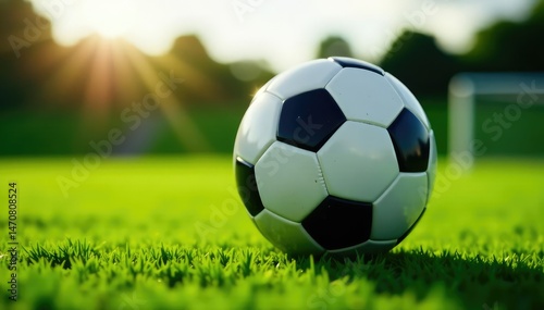Close-up of a soccer ball on a green field, ready for a kick , championship, leg, movement